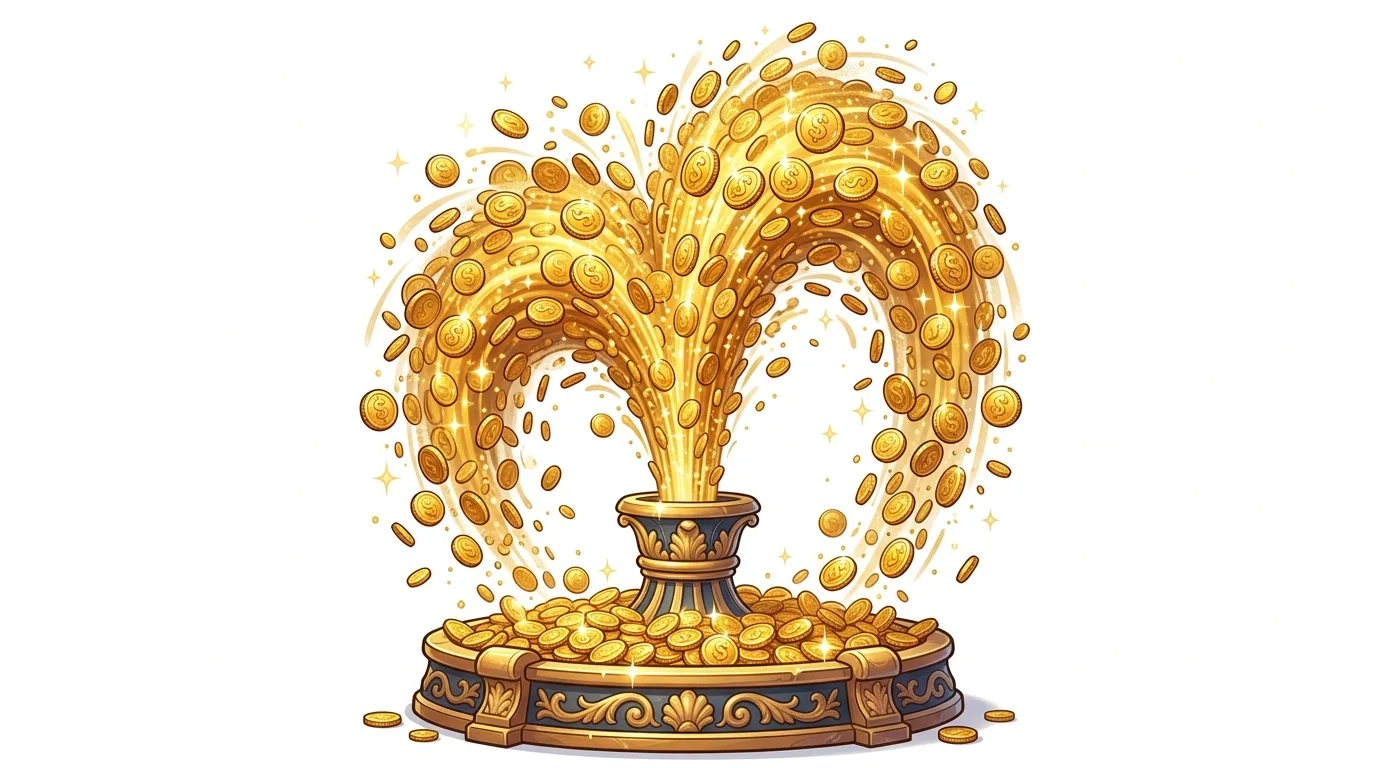 A golden fountain of coins overflowing into a basin, symbolizing wealth and abundance.