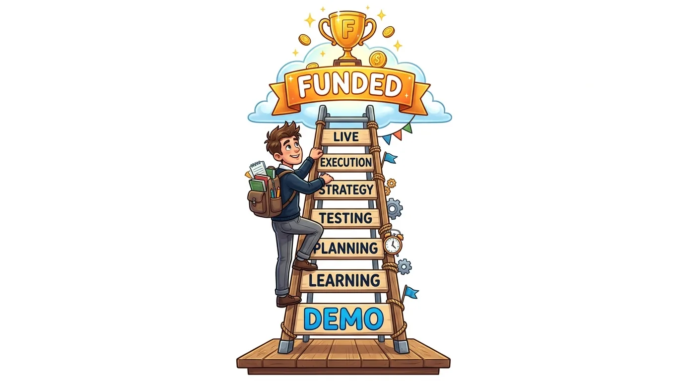 A cartoon man climbs a ladder with steps like "DEMO" and "LEARNING" towards a "FUNDED" trophy.