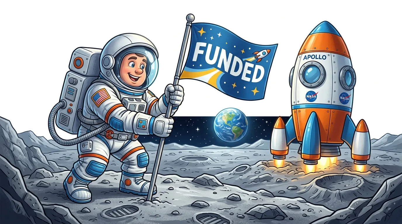 A cartoon astronaut plants a 'FUNDED' flag on the moon next to a rocket, with Earth in the background.