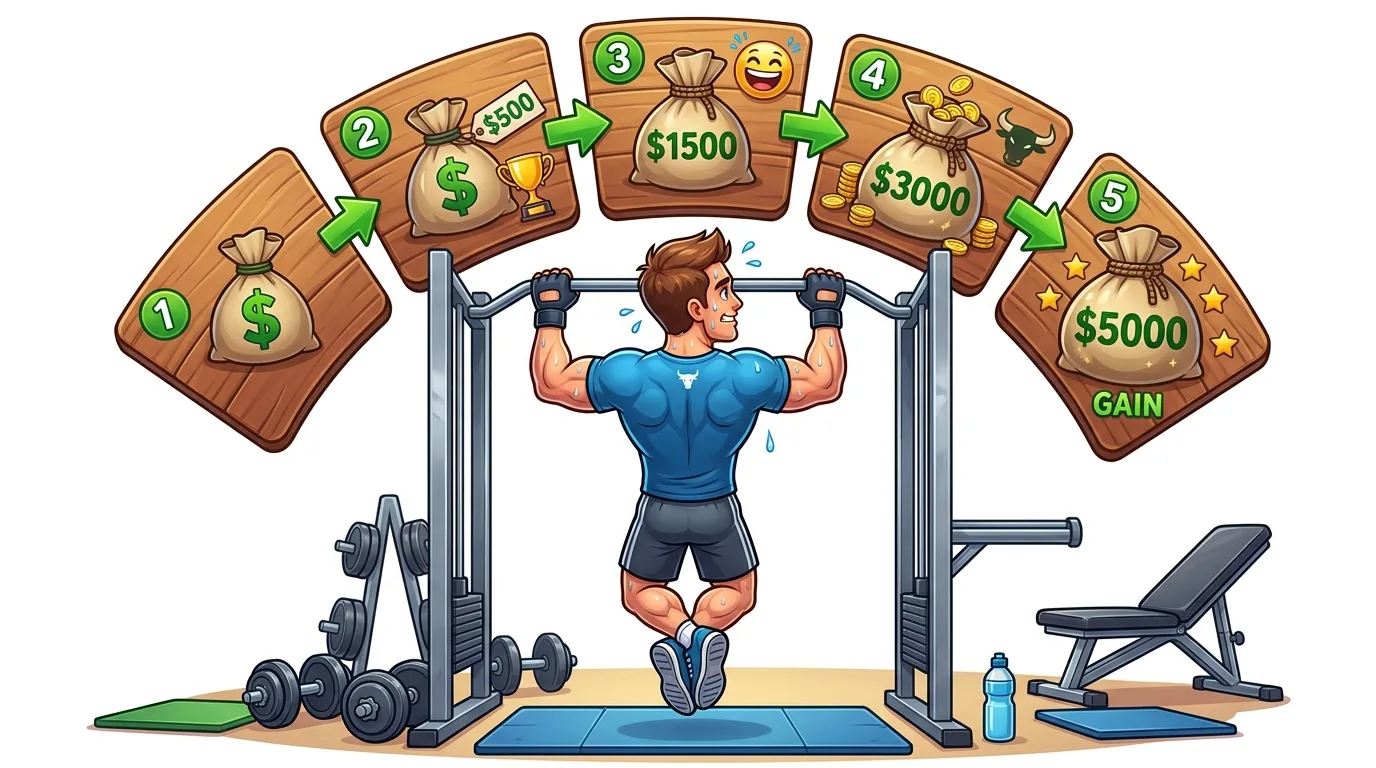 A man doing pull-ups in a gym, with a visual representation of financial gains.