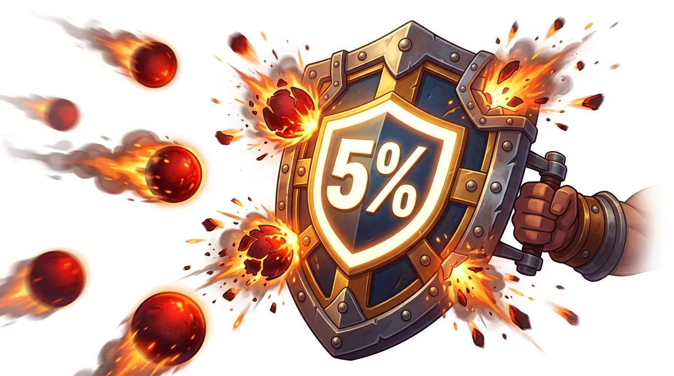 A cartoon shield with "5%" on it is deflecting fiery projectiles, held by a strong arm.