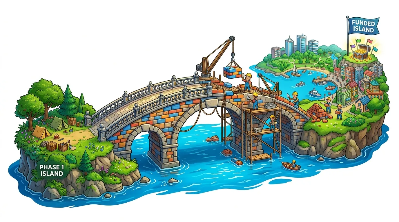 An illustration of a bridge under construction connecting a natural island to a developed one.