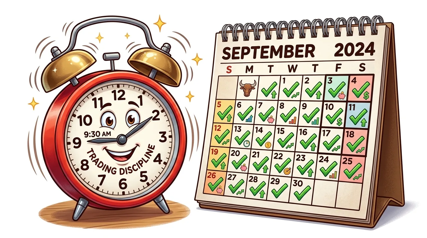 A cartoon alarm clock set to 9:30 AM with 'TRADING DISCIPLINE' on its face, next to a September 2024 calendar marked with green checkmarks and trading-related icons.