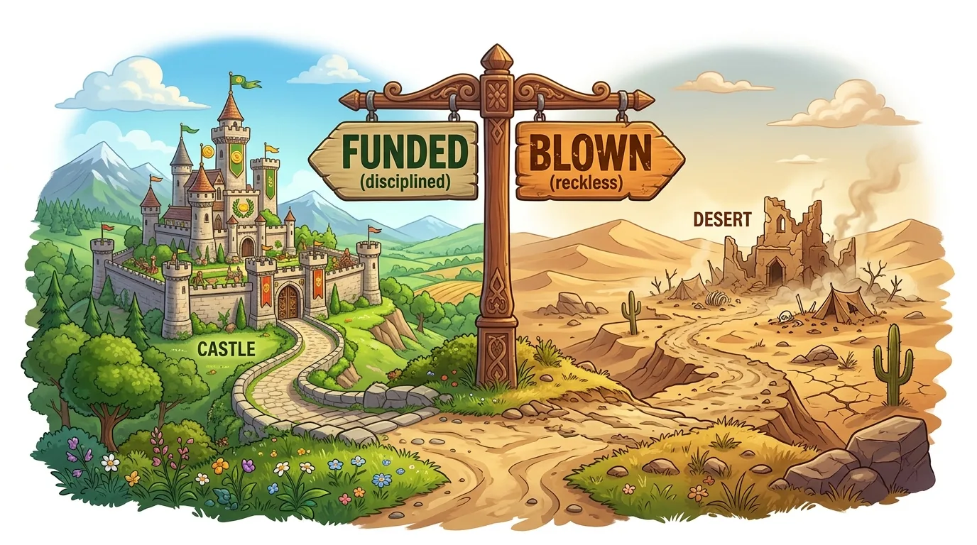 A fork in the road with signs pointing to a prosperous castle (funded/disciplined) and a desolate desert (blown/reckless).