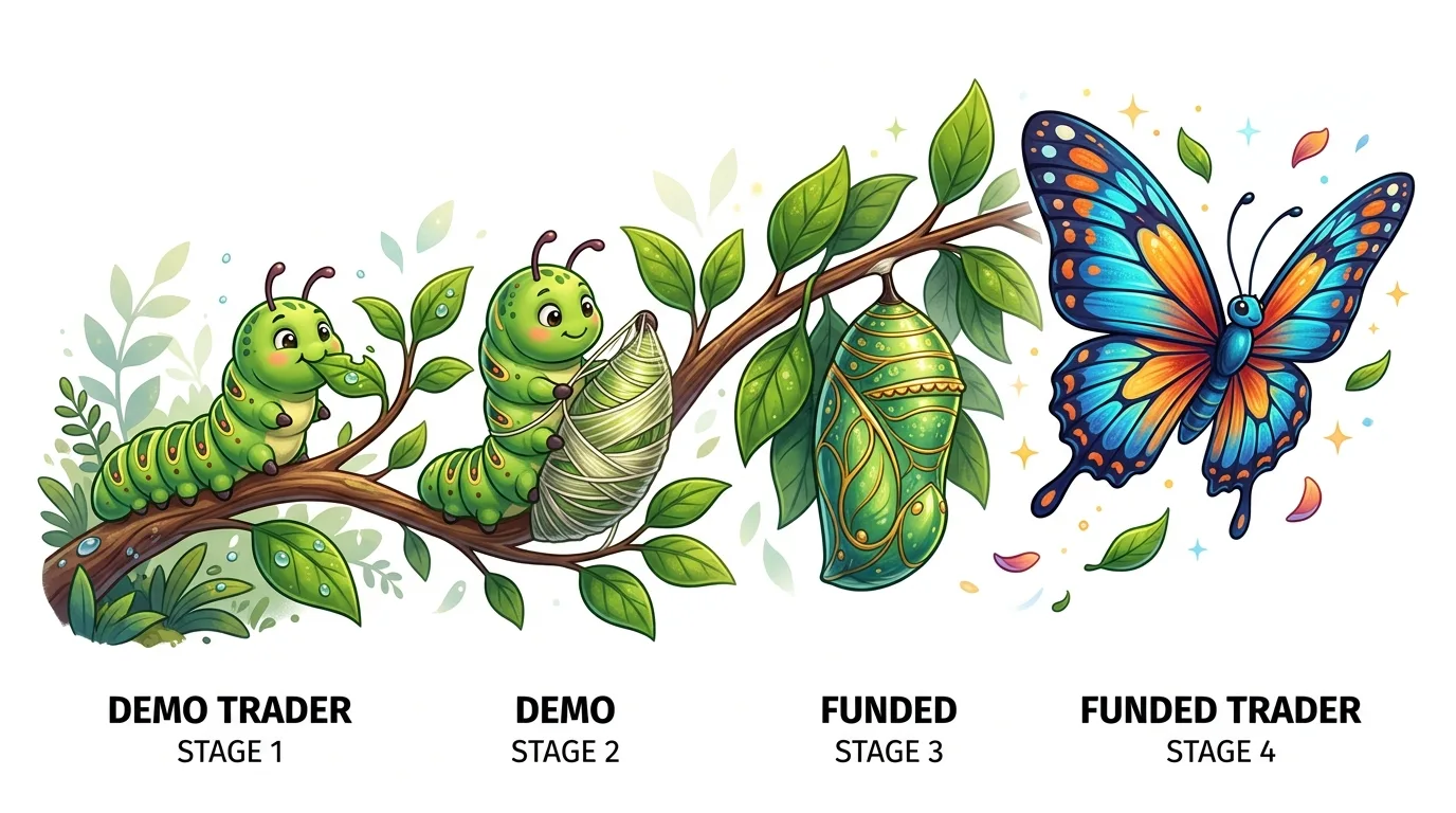 An illustration showing the metamorphosis of a caterpillar into a butterfly, representing stages of a trader's journey.