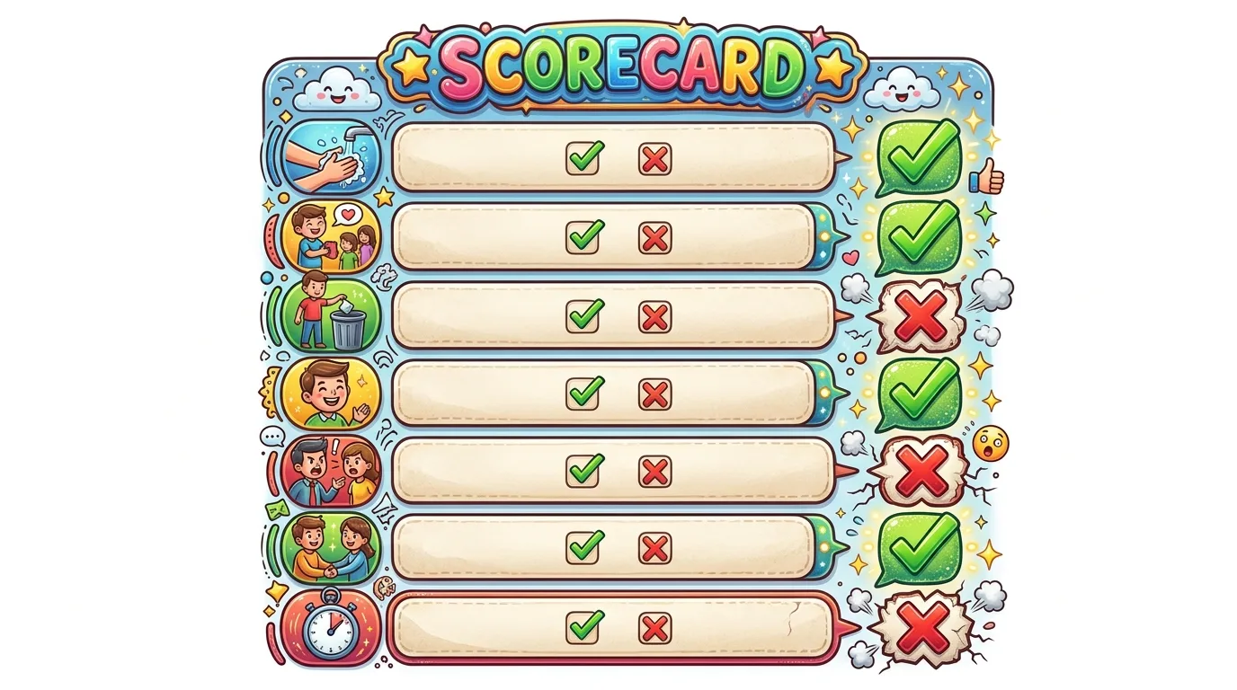 A colorful scorecard with various tasks and corresponding checkmarks or crosses.