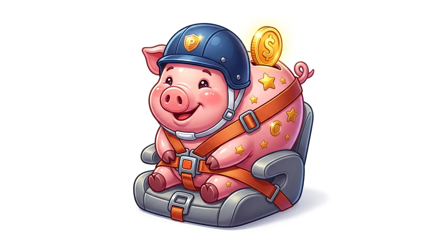 A cute piggy bank wearing a helmet and strapped into a car seat, with a coin in its slot.