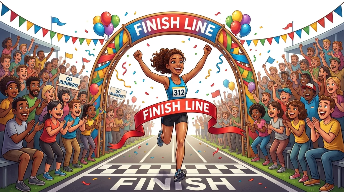 A female runner crosses the finish line with arms raised in victory, cheered by a crowd.