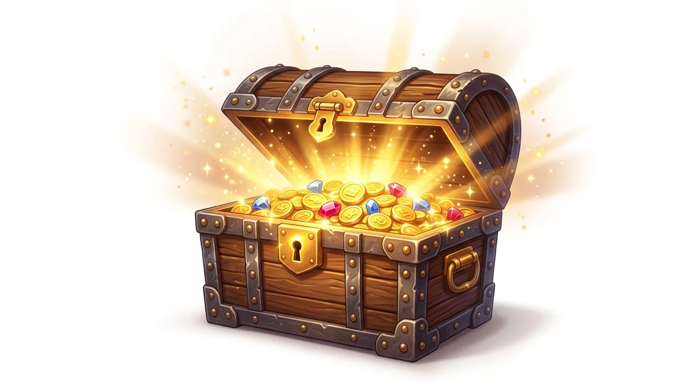 A wooden treasure chest, overflowing with glowing gold coins and colorful gems, on a white background.