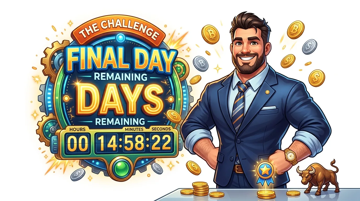 A man in a suit smiles next to a "Final Day" countdown timer, with coins and a bull.
