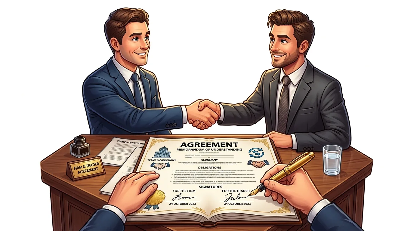 Two businessmen shaking hands over a signed agreement on a desk.