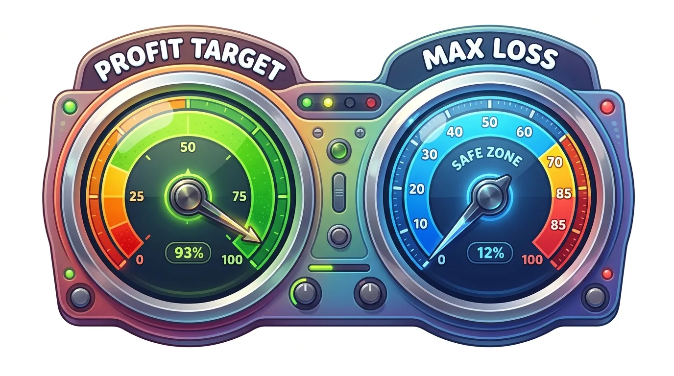 A vibrant, cartoon-style dashboard with two gauges: 'Profit Target' at 93% and 'Max Loss' at 12% in the safe zone.