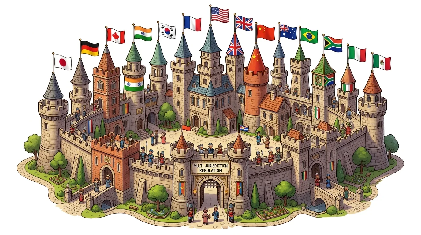 A cartoon castle representing multi-jurisdiction regulation, with towers flying various national flags.