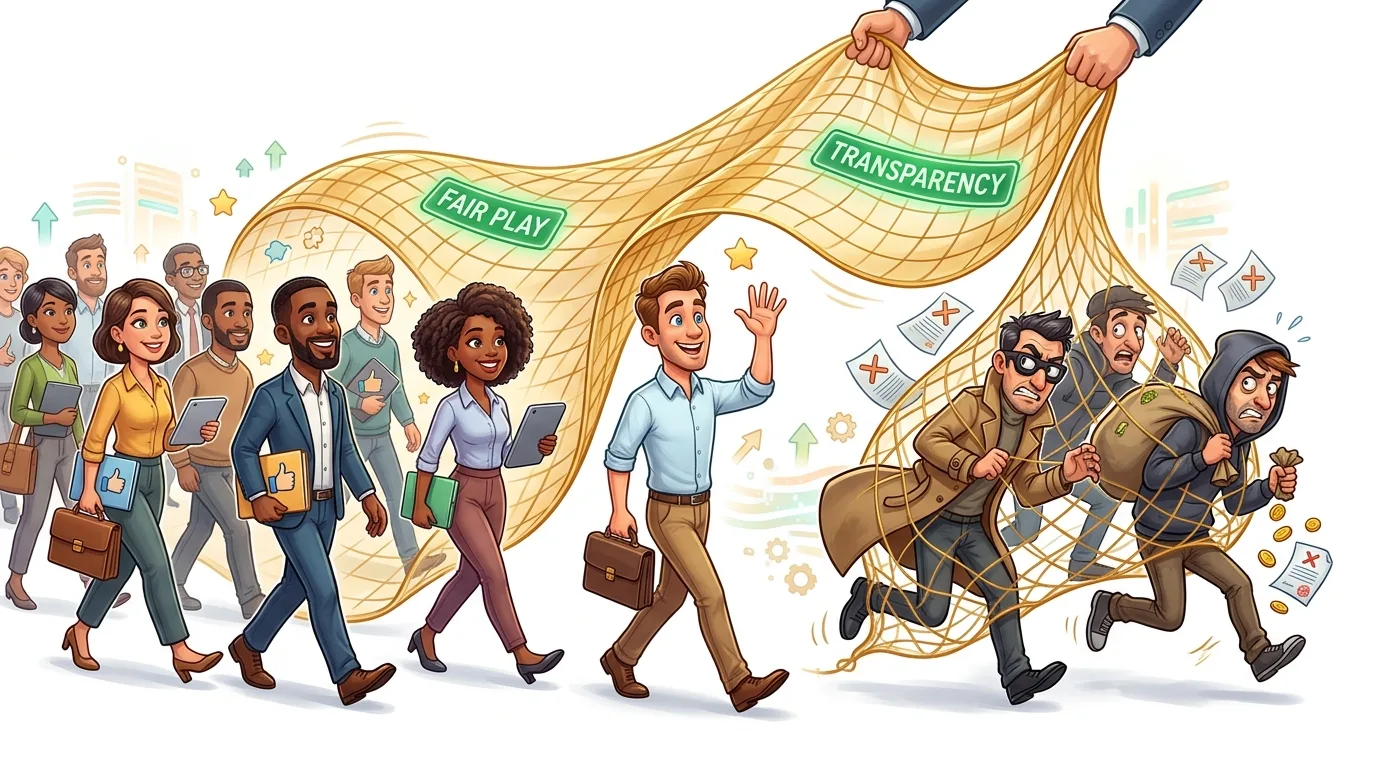 A cartoon depicts a net labeled "Fair Play" and "Transparency" catching criminals while honest people walk freely.