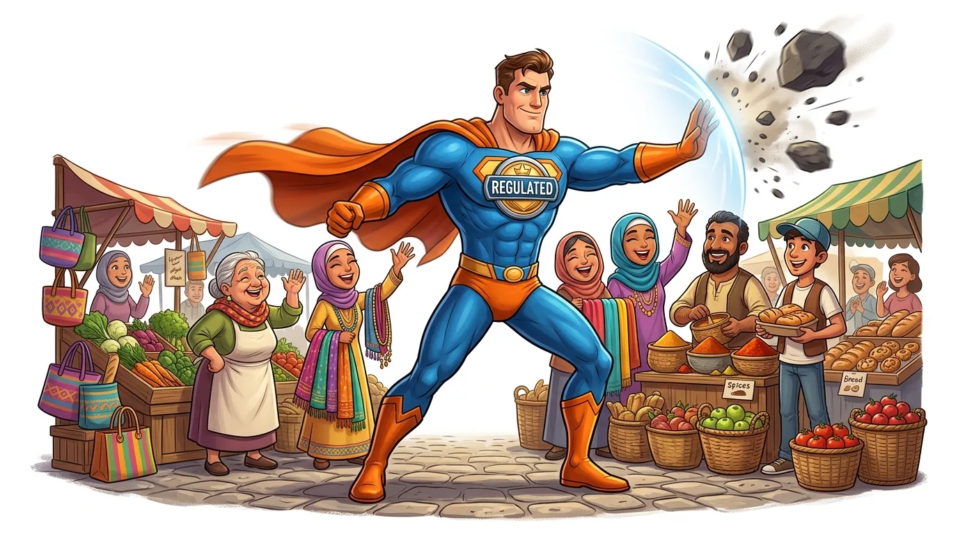 A superhero labeled "REGULATED" protects a vibrant market from falling debris, as happy vendors and shoppers look on.
