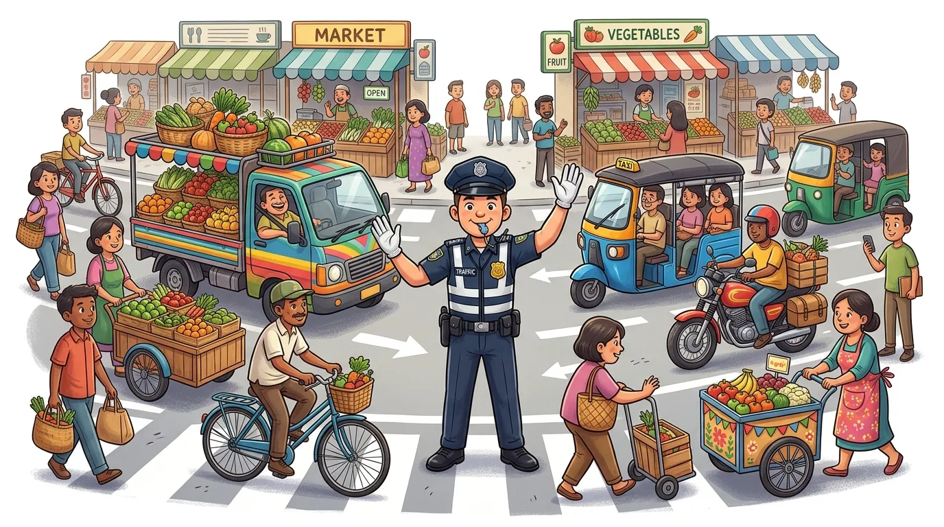 A bustling market scene with people, vehicles, and a traffic officer.