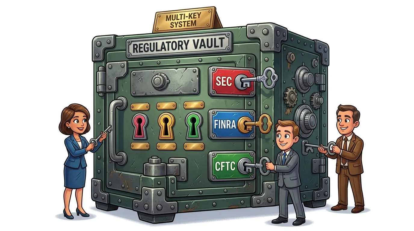 A cartoon image of a "Regulatory Vault" with multiple locks, being opened by people representing different financial regulatory bodies.