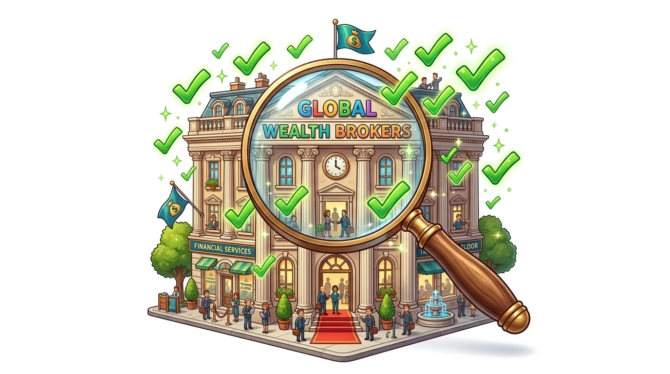 A cartoon illustration of a grand building labeled "GLOBAL WEALTH BROKERS" with a magnifying glass highlighting the entrance, surrounded by green checkmarks.