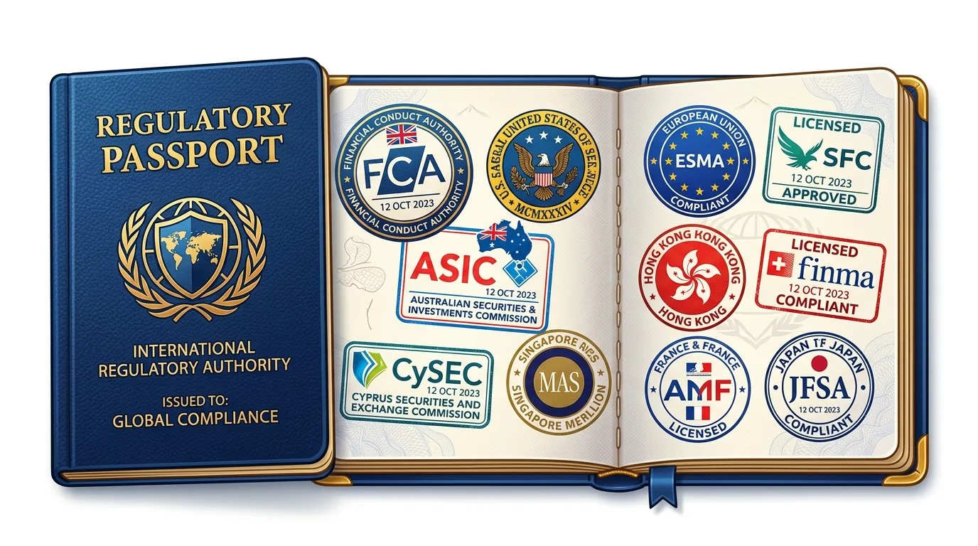 An open blue book titled "REGULATORY PASSPORT" displaying various financial regulatory stamps.