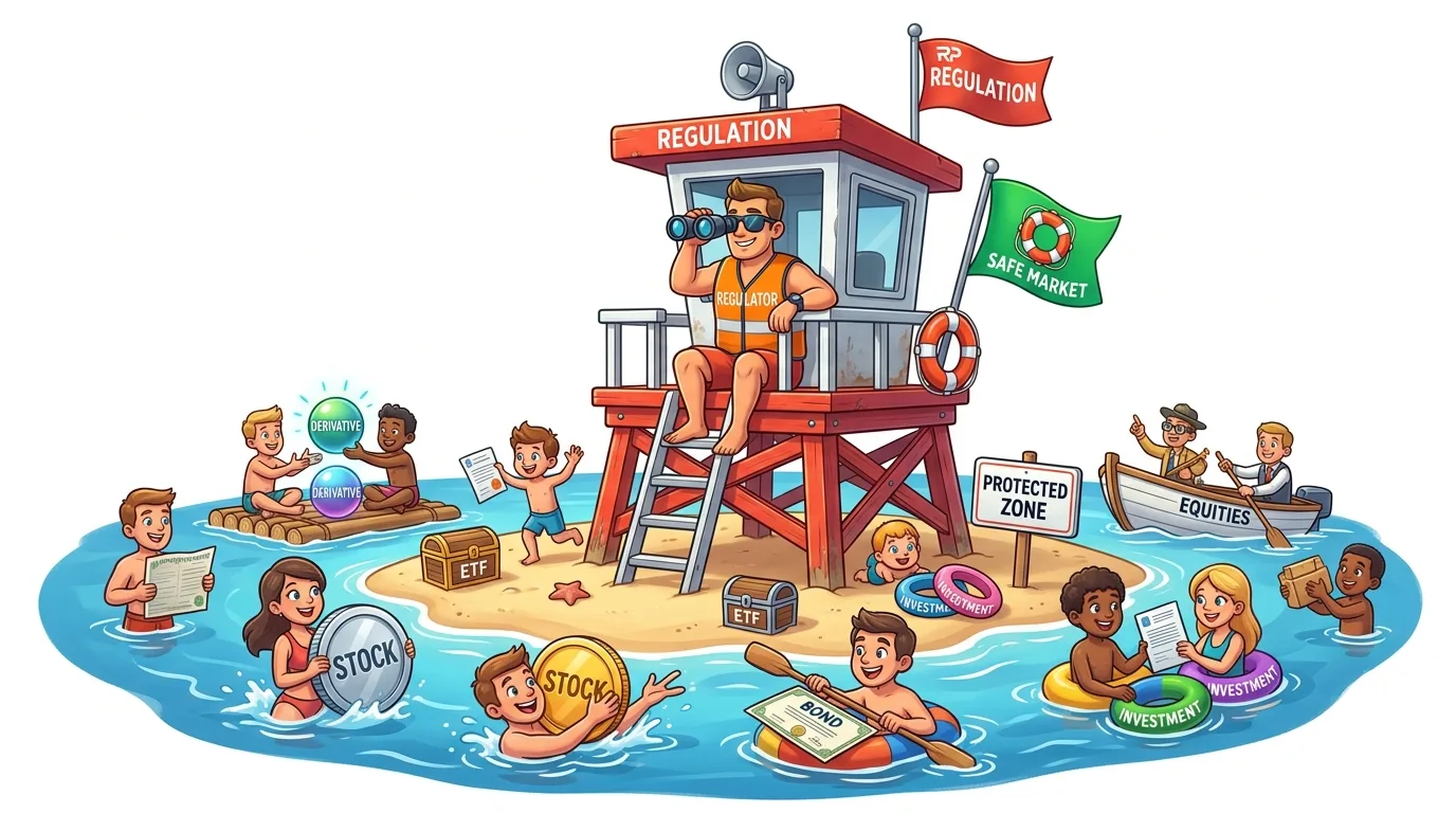 A lifeguard (regulator) oversees a safe market where people engage with various financial instruments.