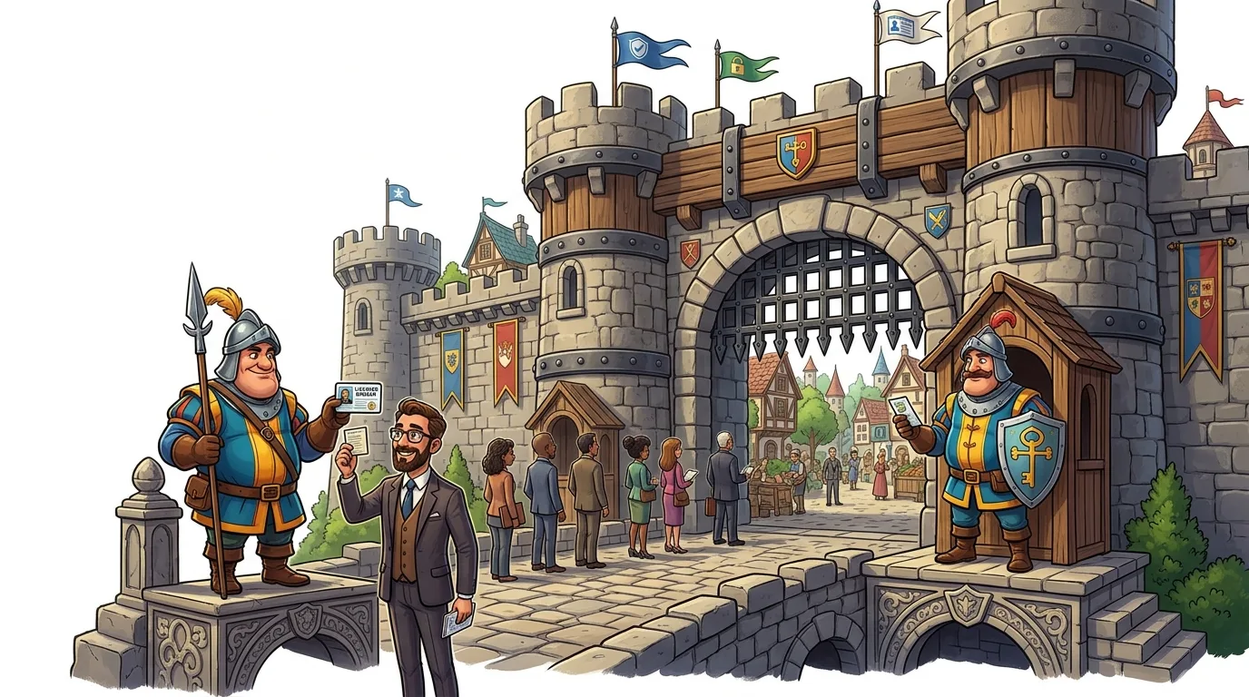 A cartoon image of a medieval castle gate with guards checking IDs of people in line.