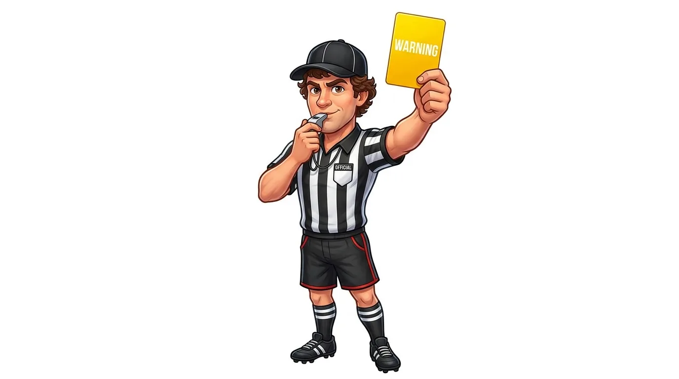 A cartoon referee in a striped shirt and cap holds up a yellow 'WARNING' card.
