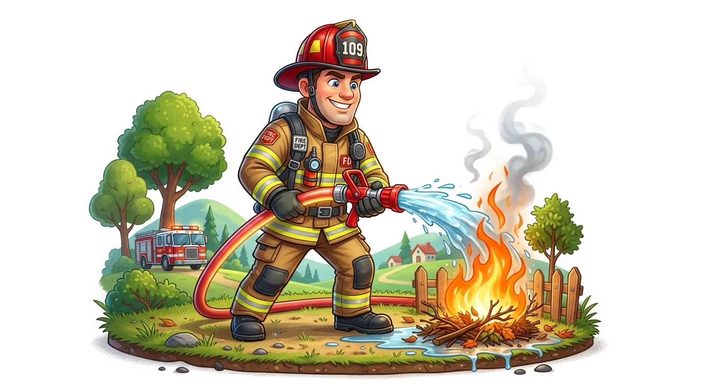 A cartoon firefighter extinguishes a brush fire with a hose, a fire truck in the background.