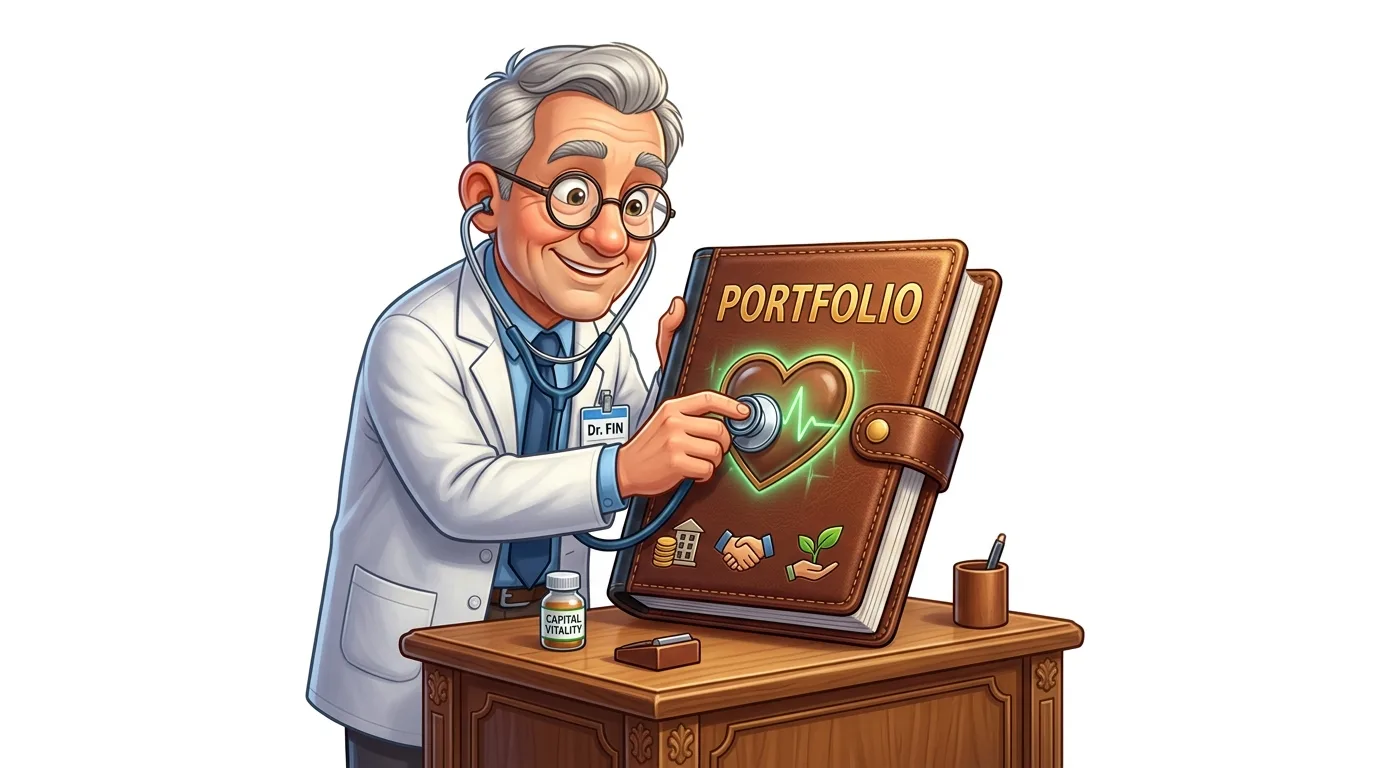 A cartoon doctor, Dr. Fin, uses a stethoscope on a "PORTFOLIO" book with a glowing heart.