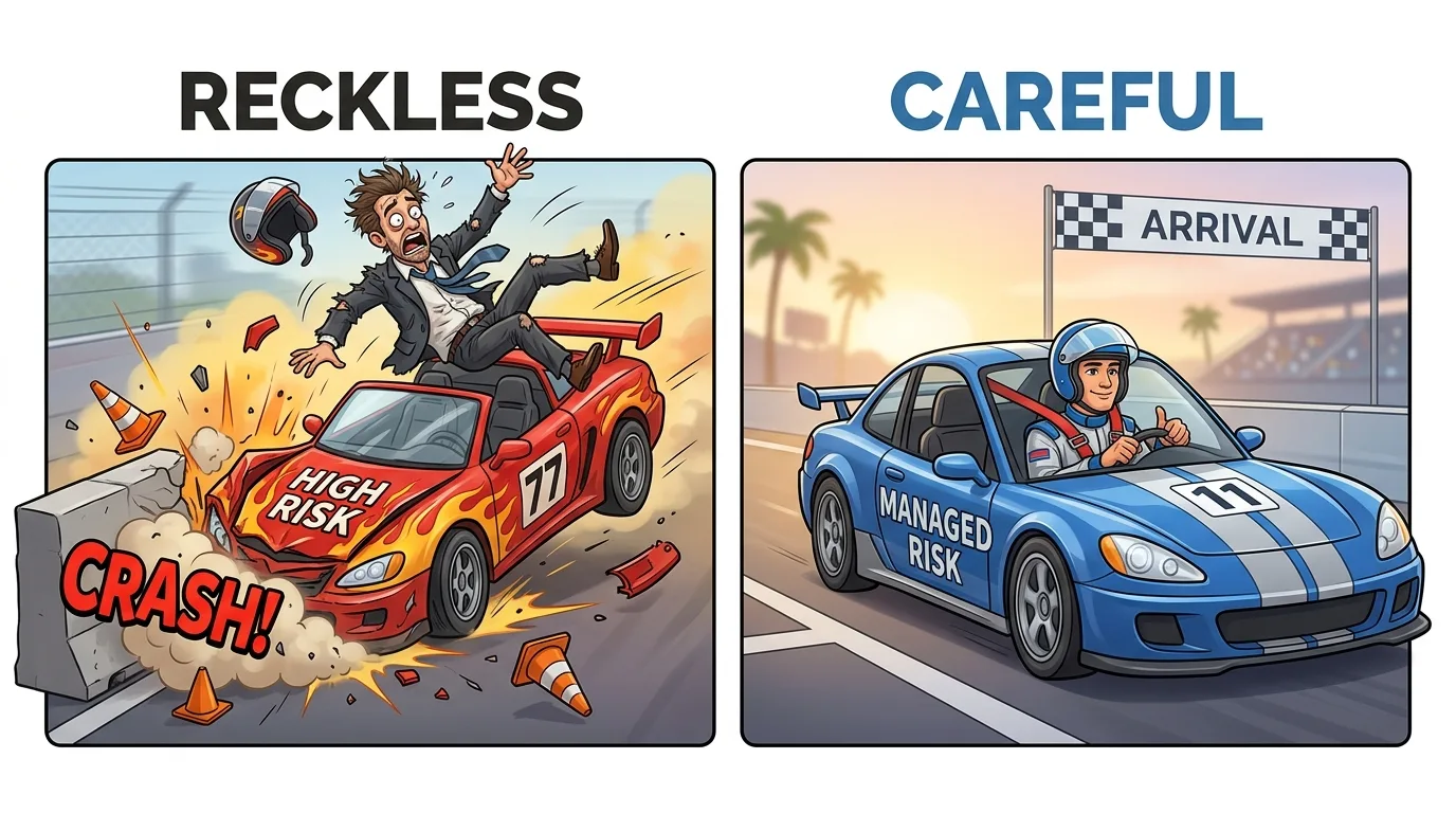 A split image contrasting a reckless driver crashing with a careful driver finishing a race.