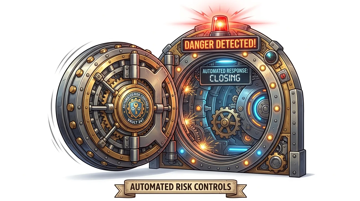 An open vault with a "DANGER DETECTED!" alarm and "AUTOMATED RESPONSE: CLOSING" message.