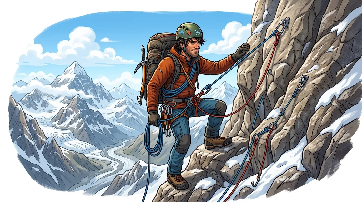 A male climber ascends a snowy mountain, equipped with gear and ropes, with a vast mountain range in the background.