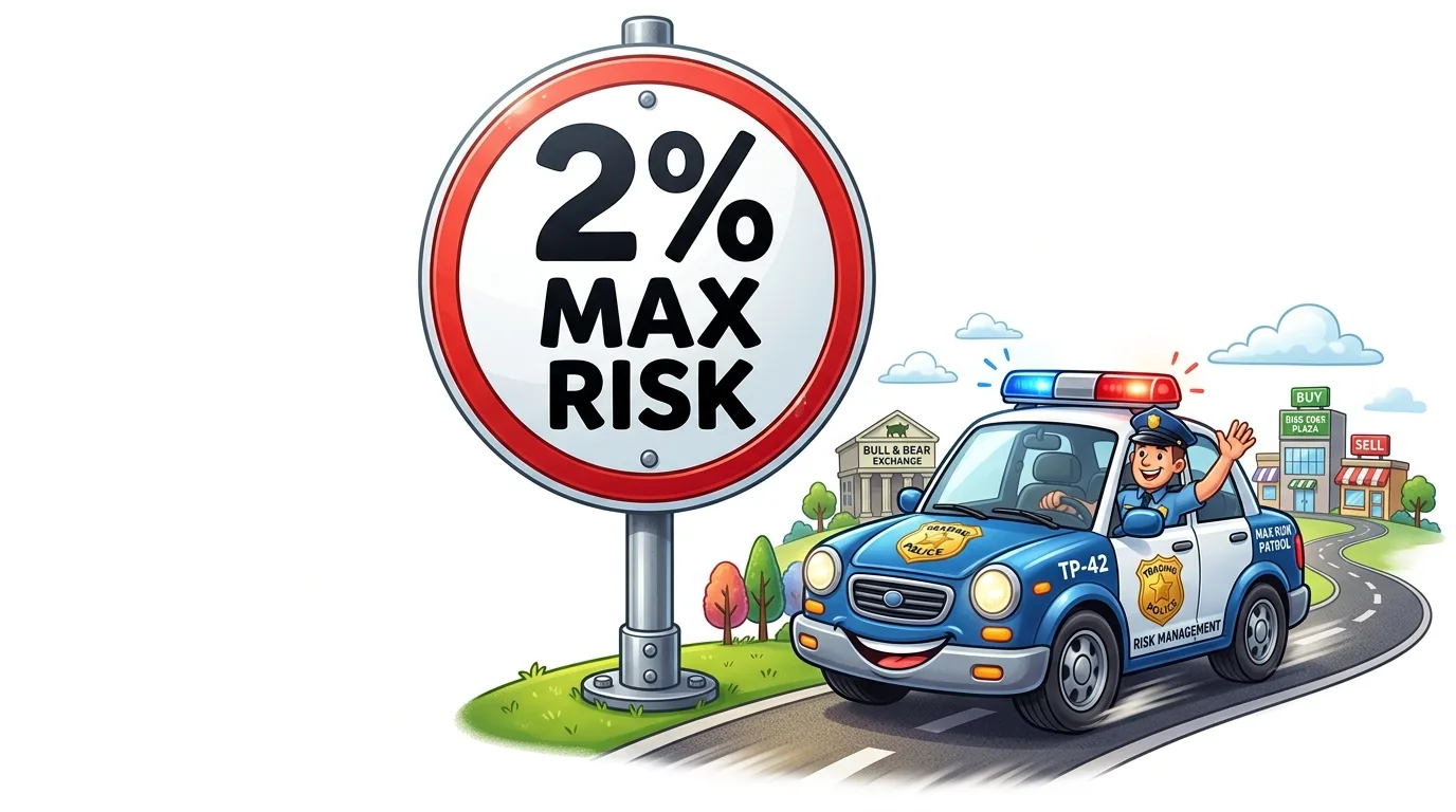 A cartoon police car with a waving officer drives past a "2% MAX RISK" sign and financial buildings.