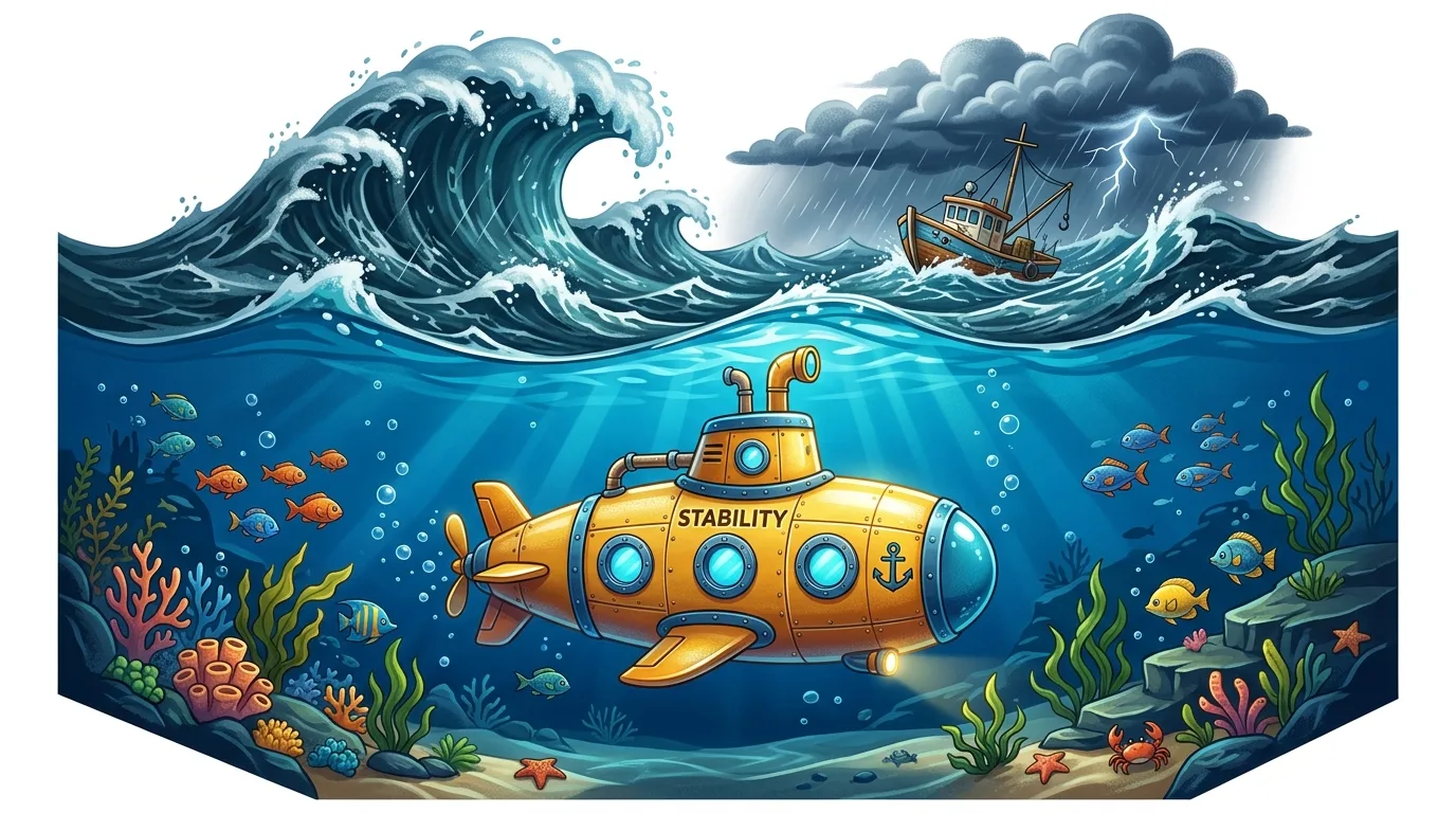 A cartoon image showing a stable submarine underwater while a storm rages above.