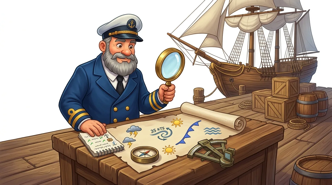 A cartoon captain studies a weather map on a dock with a ship and cargo.