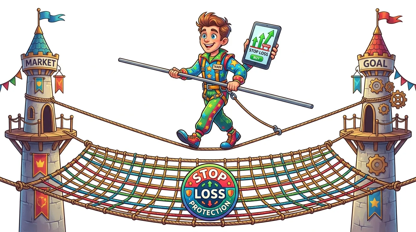 A cartoon trader walks a tightrope from "Market" to "Goal" with "Stop Loss Protection" below.