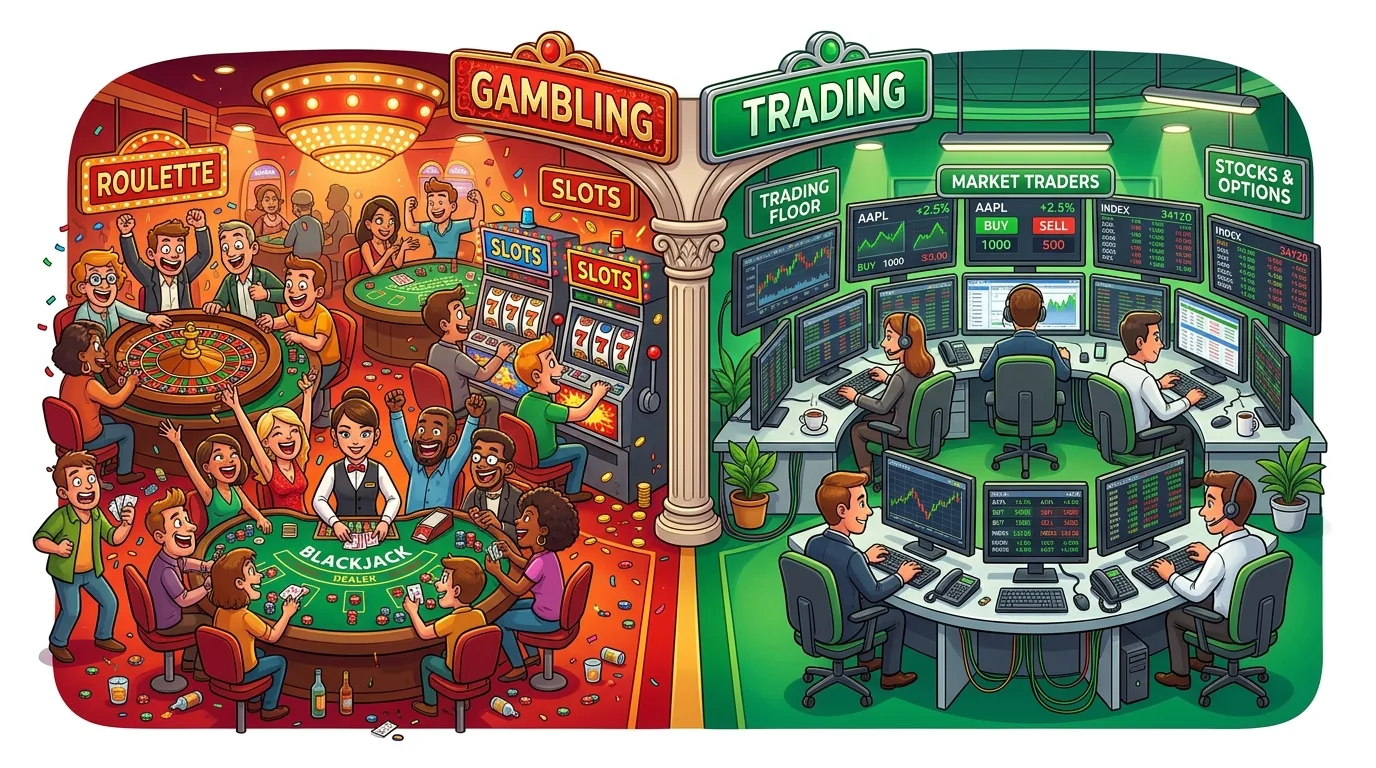 A split image contrasting the chaotic excitement of gambling with the focused intensity of trading.