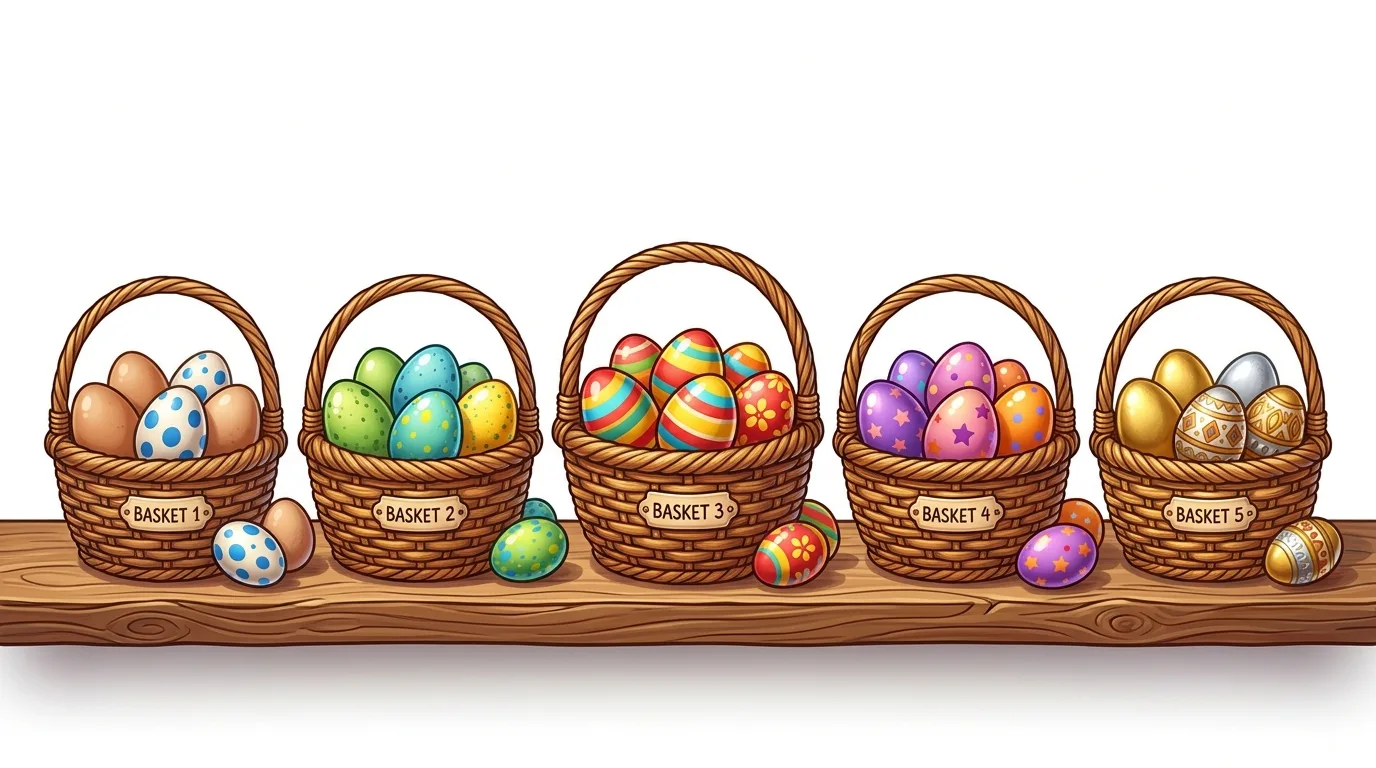 Five baskets of uniquely decorated Easter eggs sit on a wooden shelf.