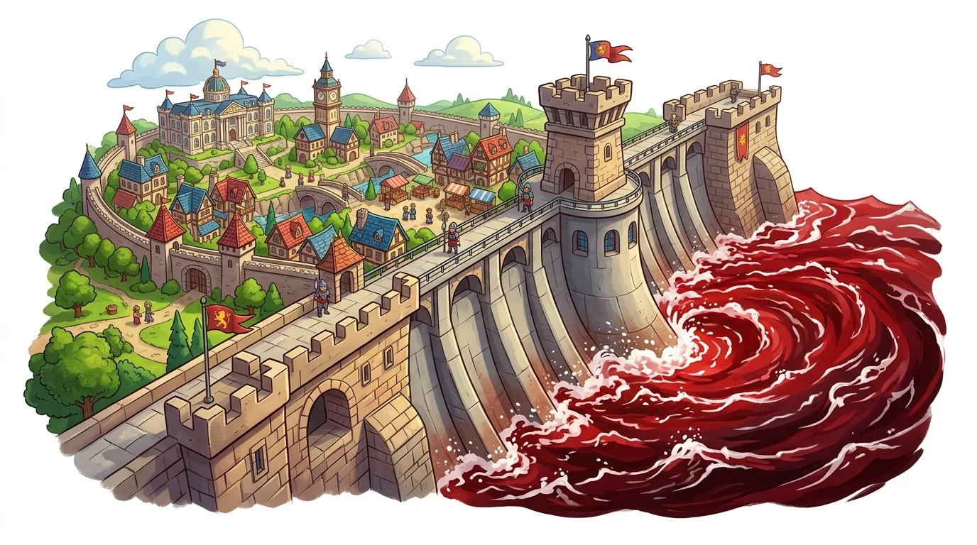 A medieval walled city with a castle and market, protected by a dam holding back a red, turbulent sea.