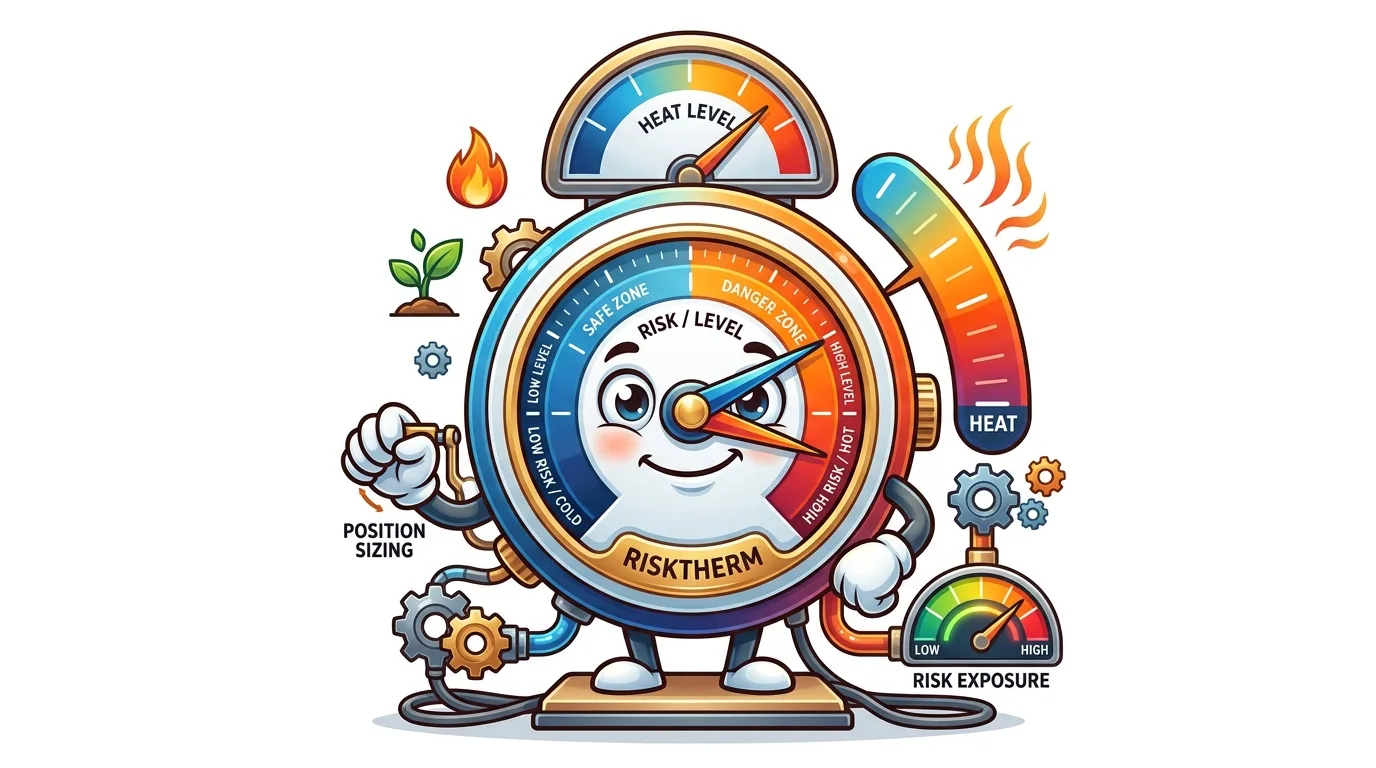 A cartoon thermometer character, "Risktherm," measures "Risk/Level" with "Heat Level" and "Risk Exposure" gauges.