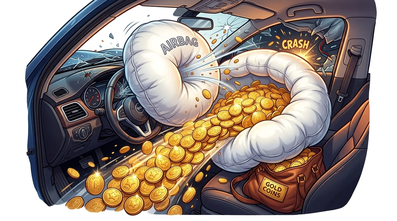An airbag deploys in a car crash, releasing a torrent of gold coins into the interior.