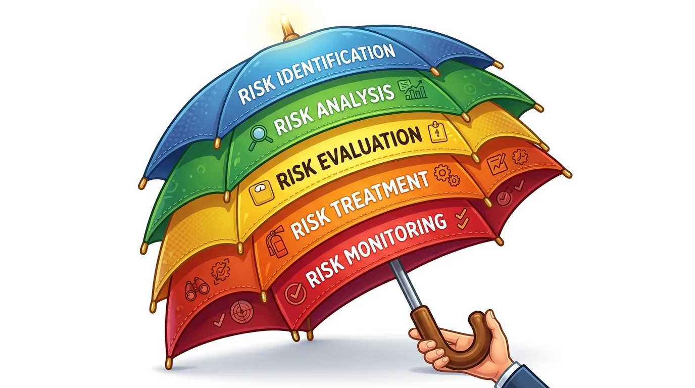 A hand holds a colorful umbrella illustrating the five steps of risk management.
