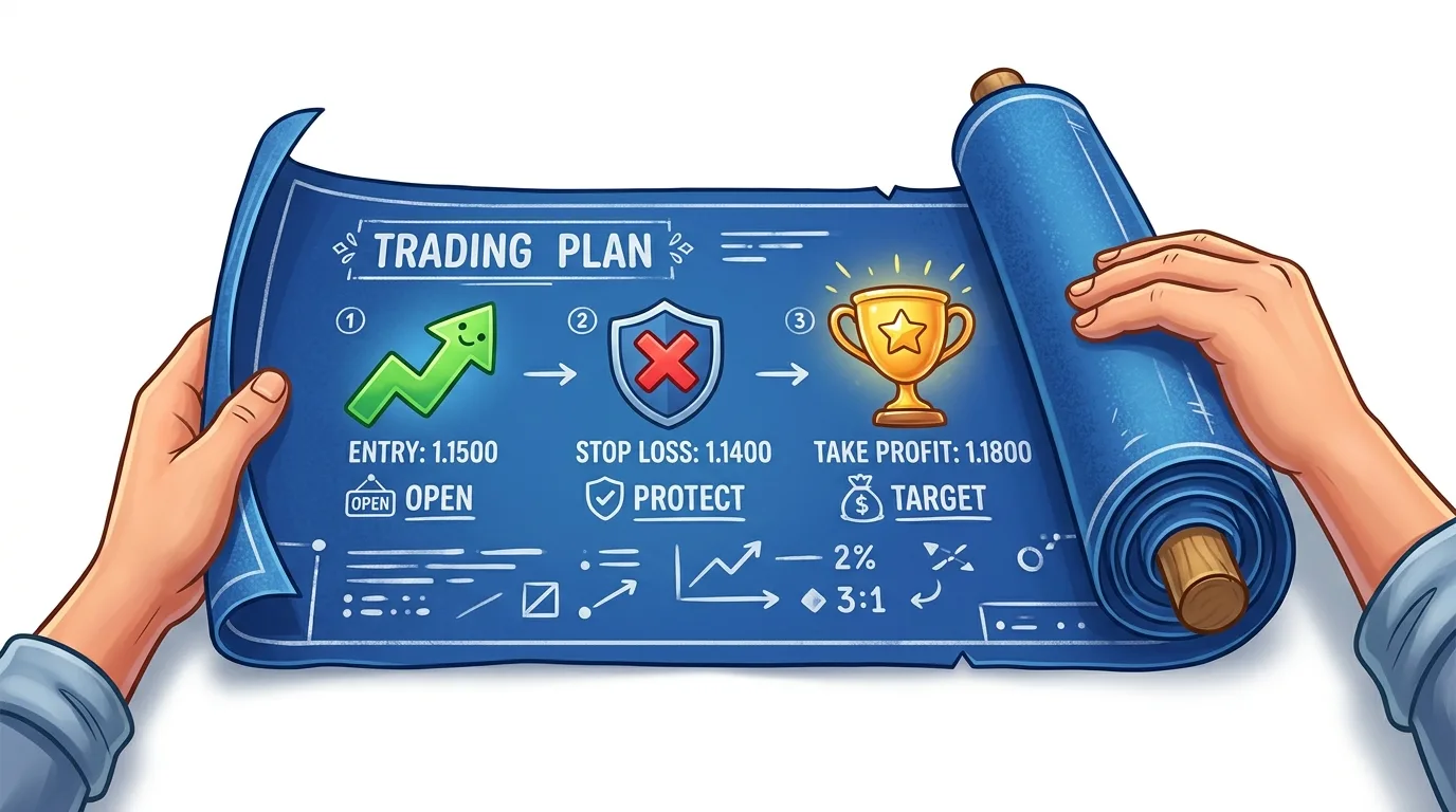 A person holds a blueprint for a trading plan, outlining entry, stop loss, and profit targets.