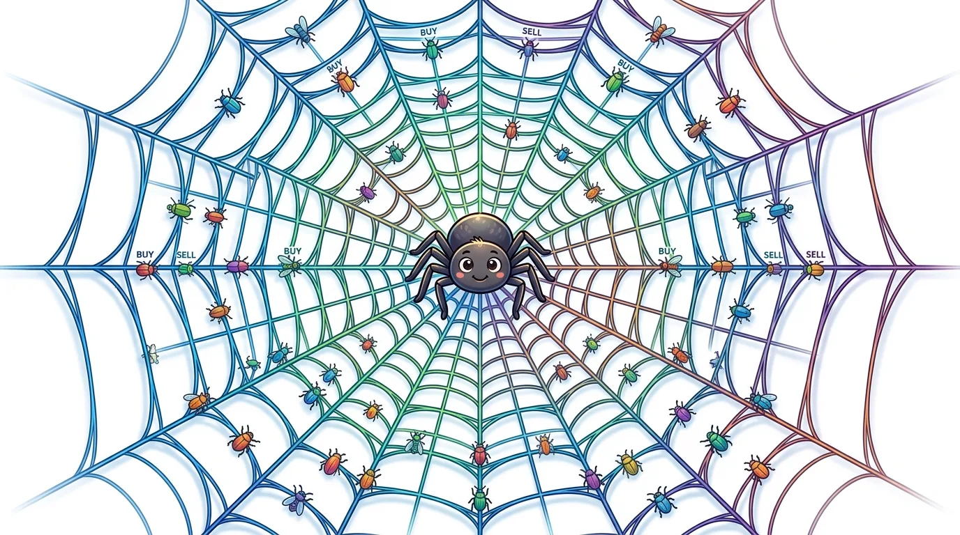 A cartoon spider sits in the center of a colorful web with insects labeled "BUY" and "SELL."