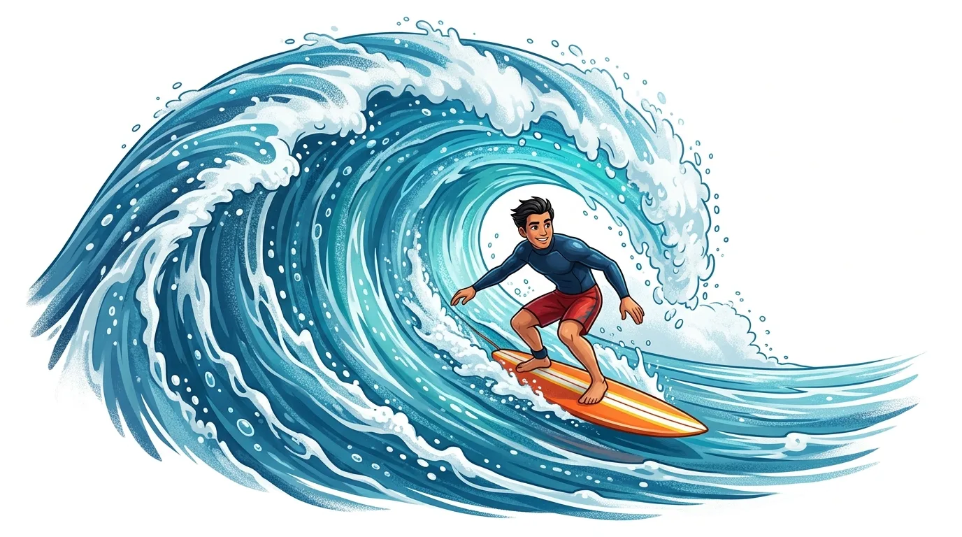 A cartoon surfer rides a large, curling blue wave on an orange surfboard.
