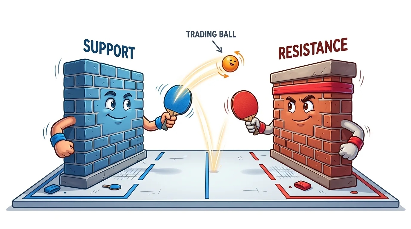Two animated brick walls, labeled "Support" and "Resistance," play ping-pong with a "Trading Ball."