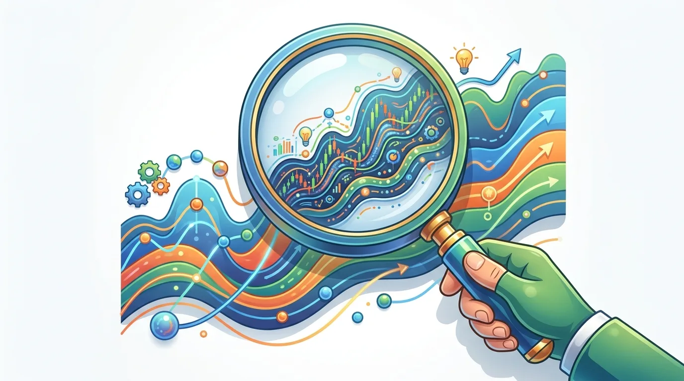 A hand holding a magnifying glass over colorful, wavy lines representing data and growth.
