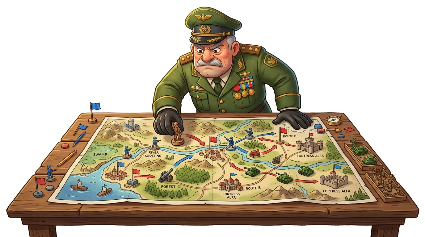 A stern general in uniform plans a military strategy on a detailed map with toy soldiers.