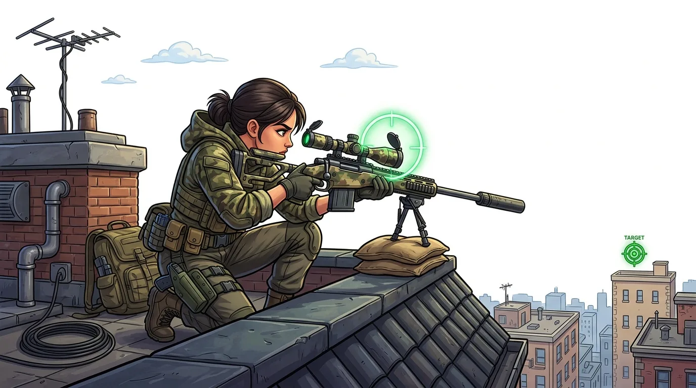 A female sniper in camouflage aims her rifle from a rooftop, with a target in the distance.