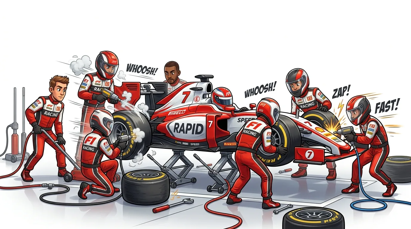 A pit crew rapidly services a Formula 1 race car, changing tires and making adjustments.