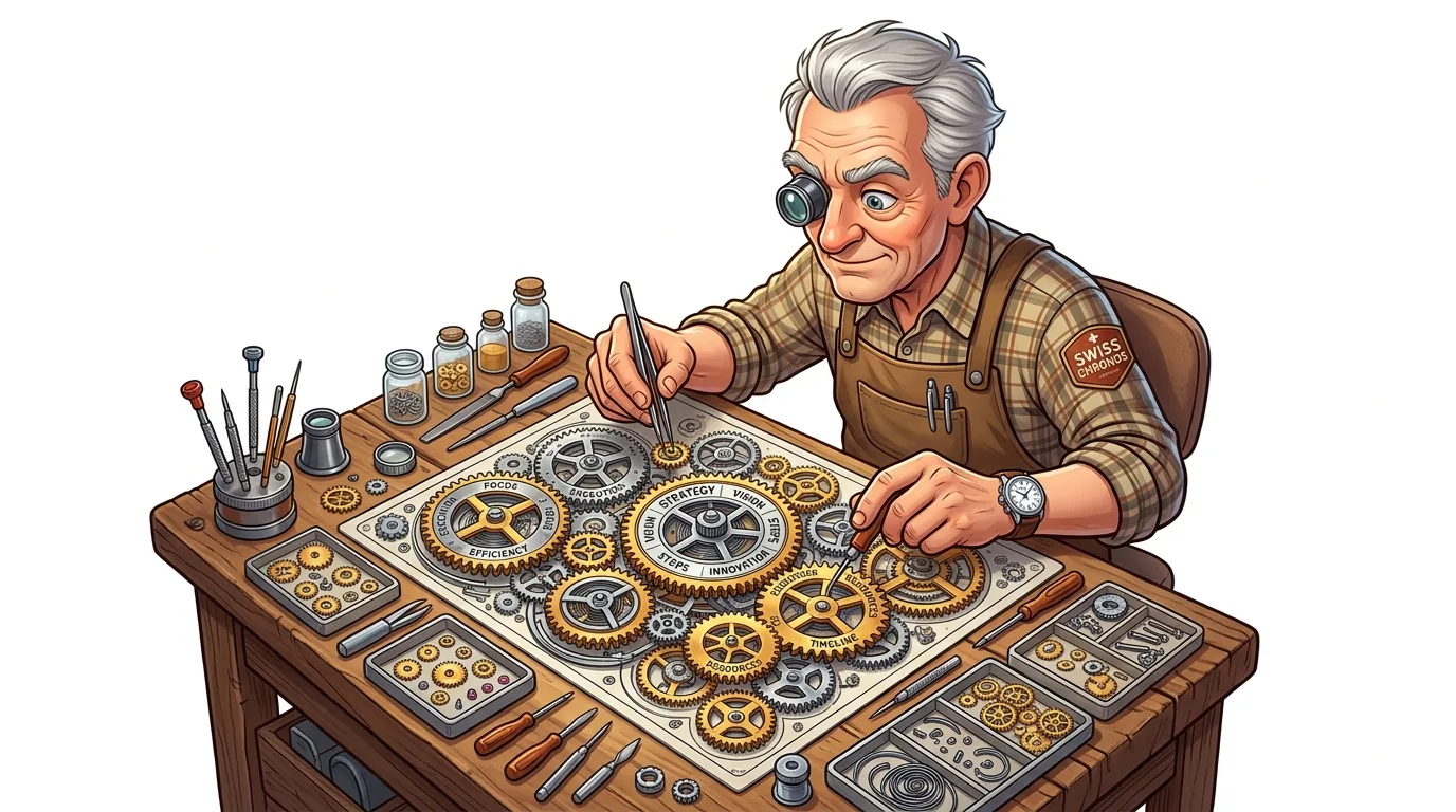 An old watchmaker meticulously assembles gears labeled with business terms on a workbench.